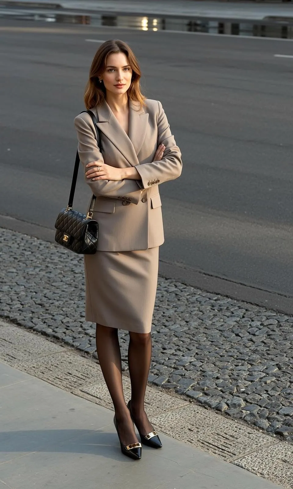Beige Blazer Pencil Skirt Urban Street