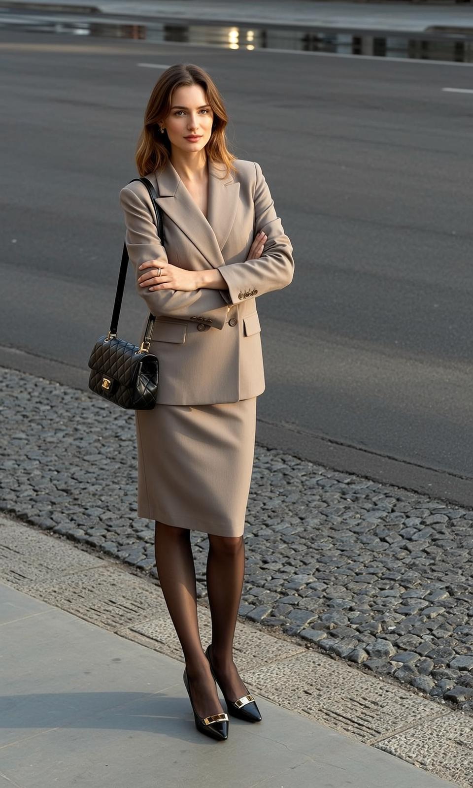 Beige Blazer Pencil Skirt Urban Street