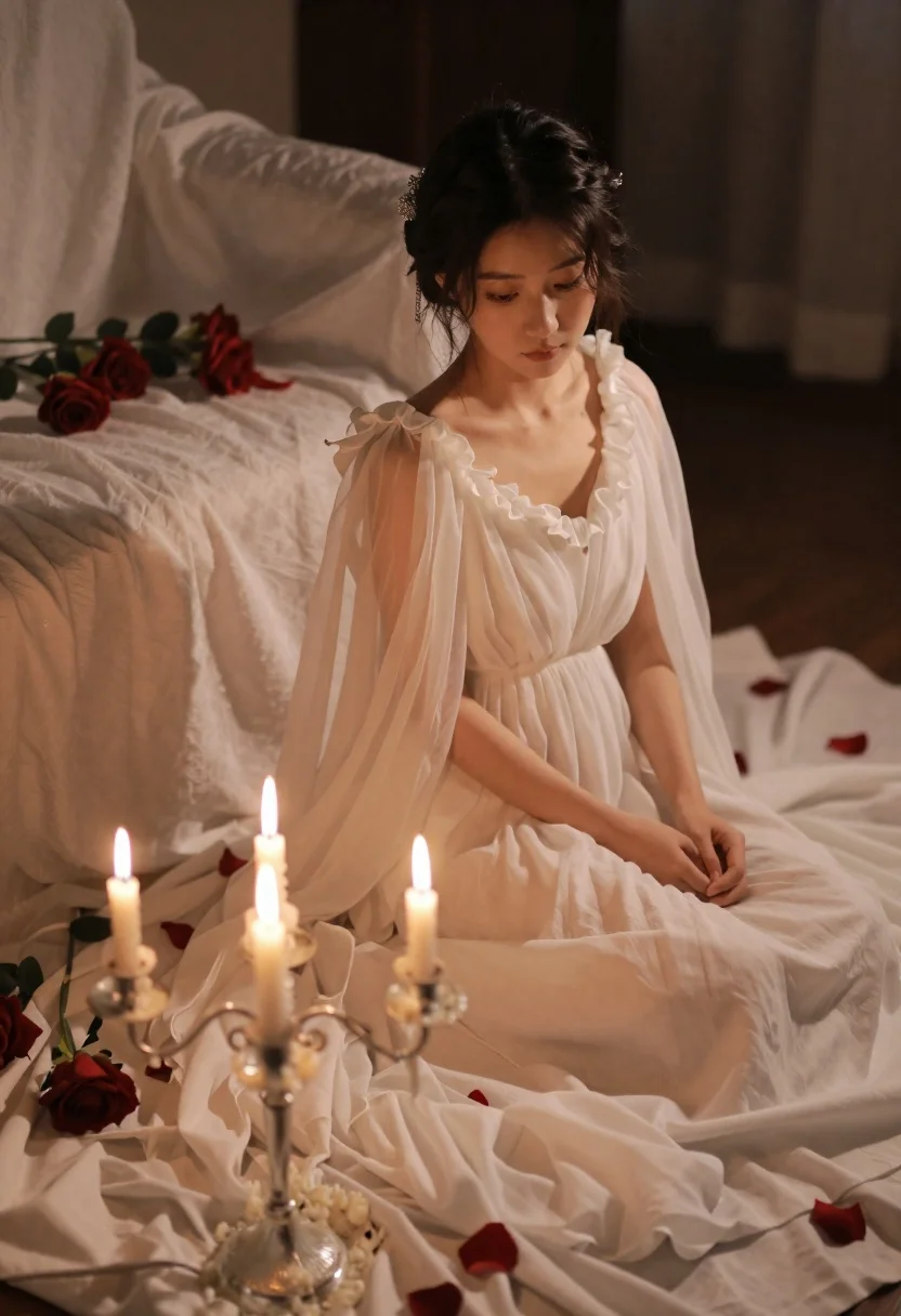 Young Woman Sits Gracefully Amidst Sea Flowing White Fabric Dimly