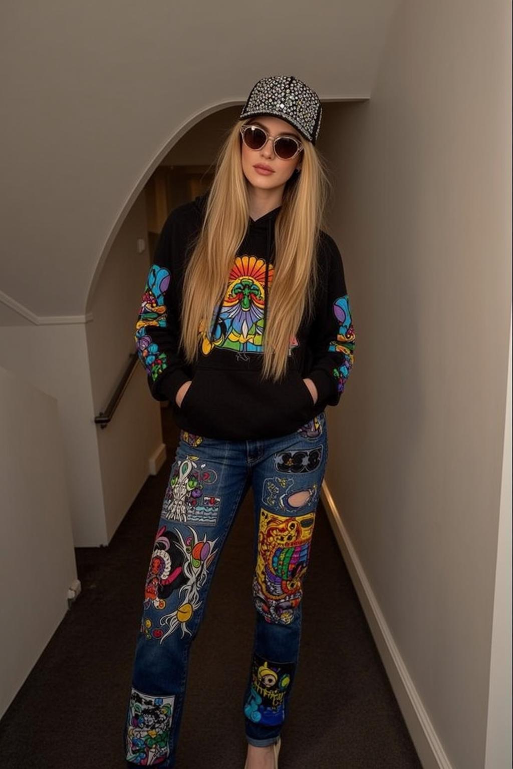 Streetwear Fashion Young Woman Indoor Hallway
