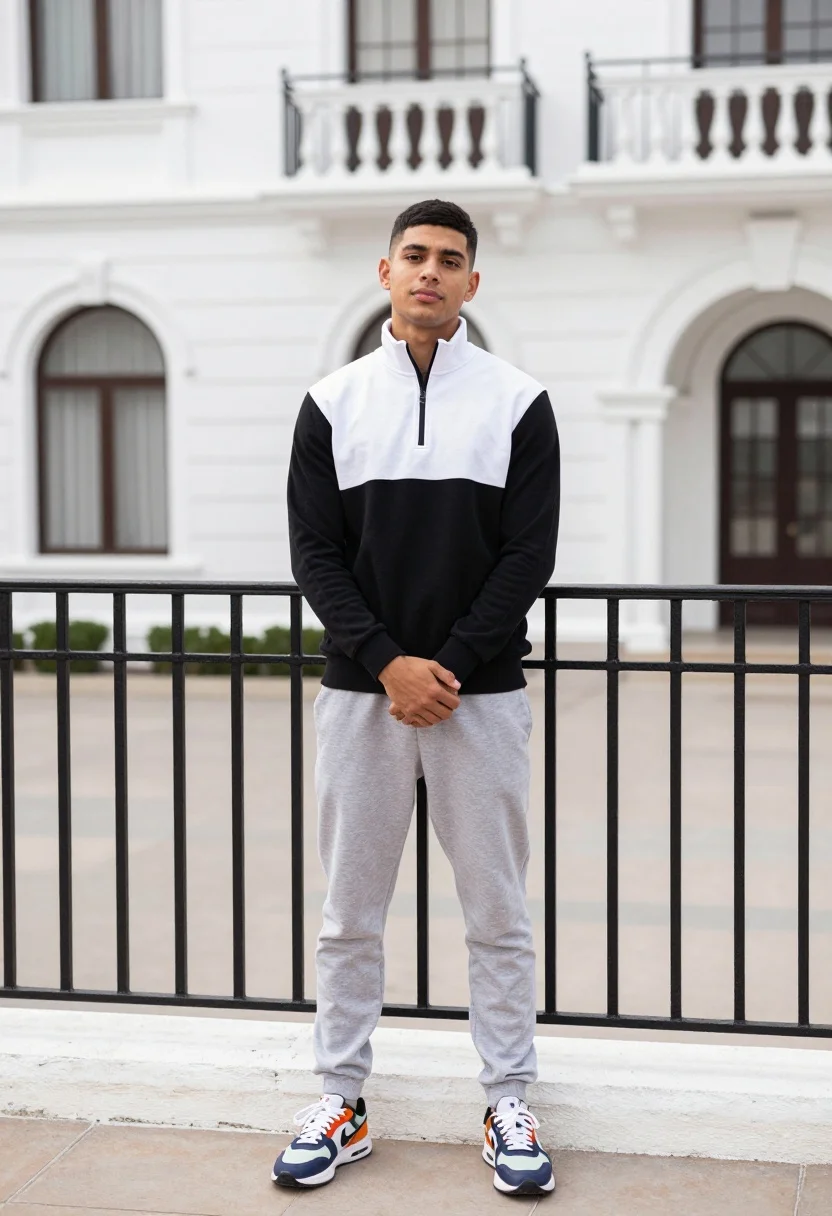 Full-body Portrait Man Standing Confidently Front Ornate White Building With