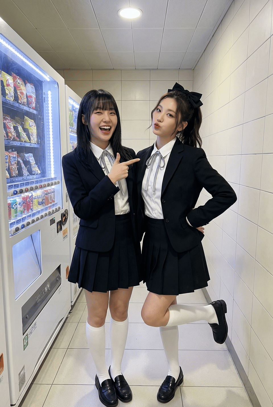 Two young women in matching black and white uniforms pose playfully in front of a brightly lit vending machine, one laughing and pointing at the other.