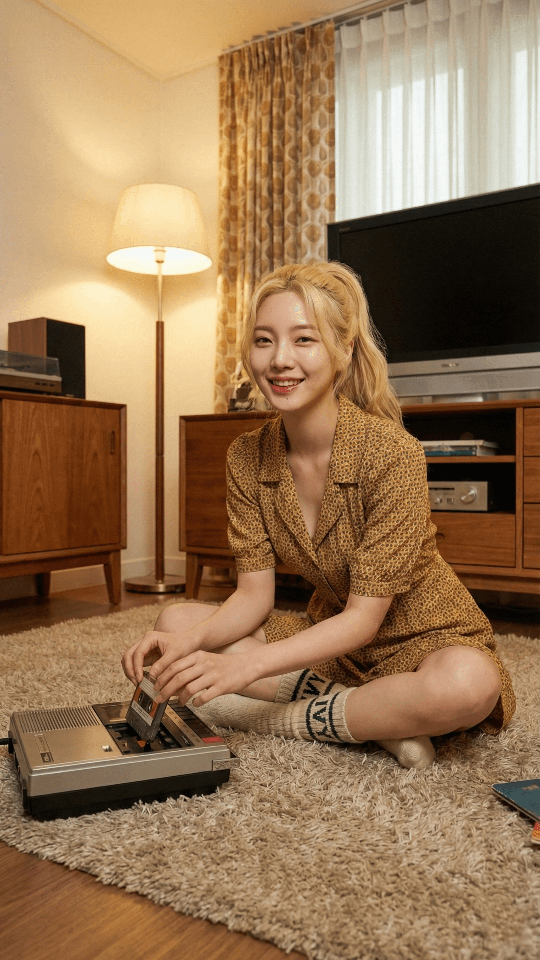 Vintage Living Room Cassette Player Mustard Dress
