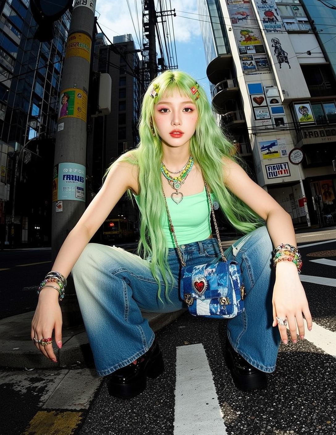 Fisheye Young Long Bright Green Bangs Fair