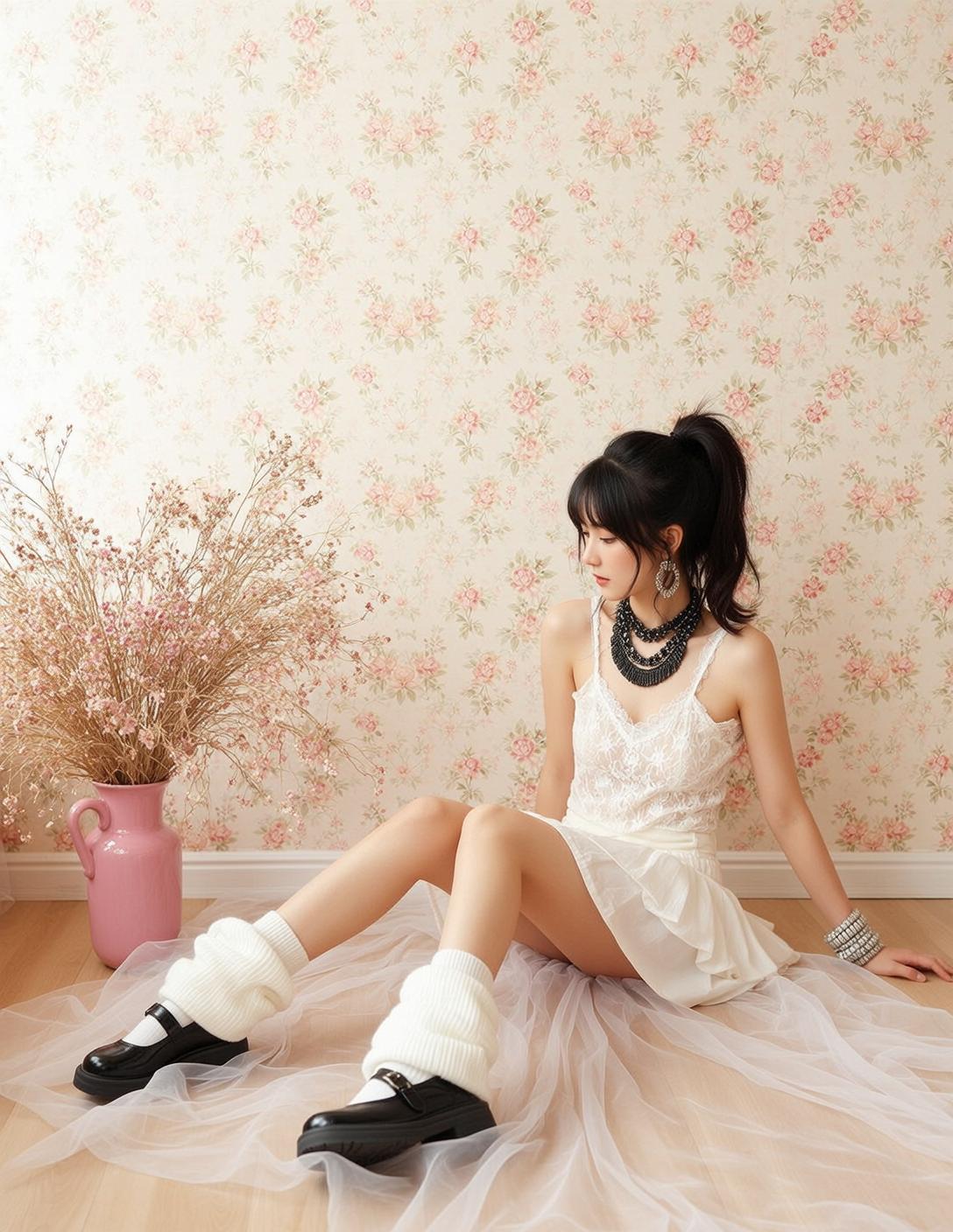 Fairycore Young Black Ponytail Fair White Lace