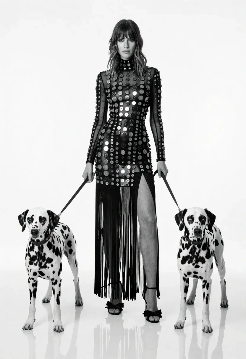 Full-length Black And White Studio Portrait Woman Standing Between Two
