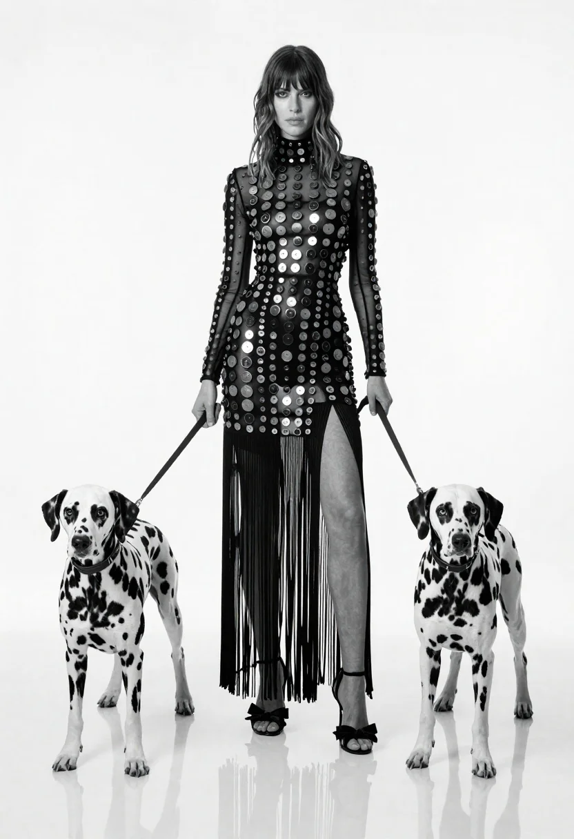 Full-length Black And White Studio Portrait Woman Standing Between Two