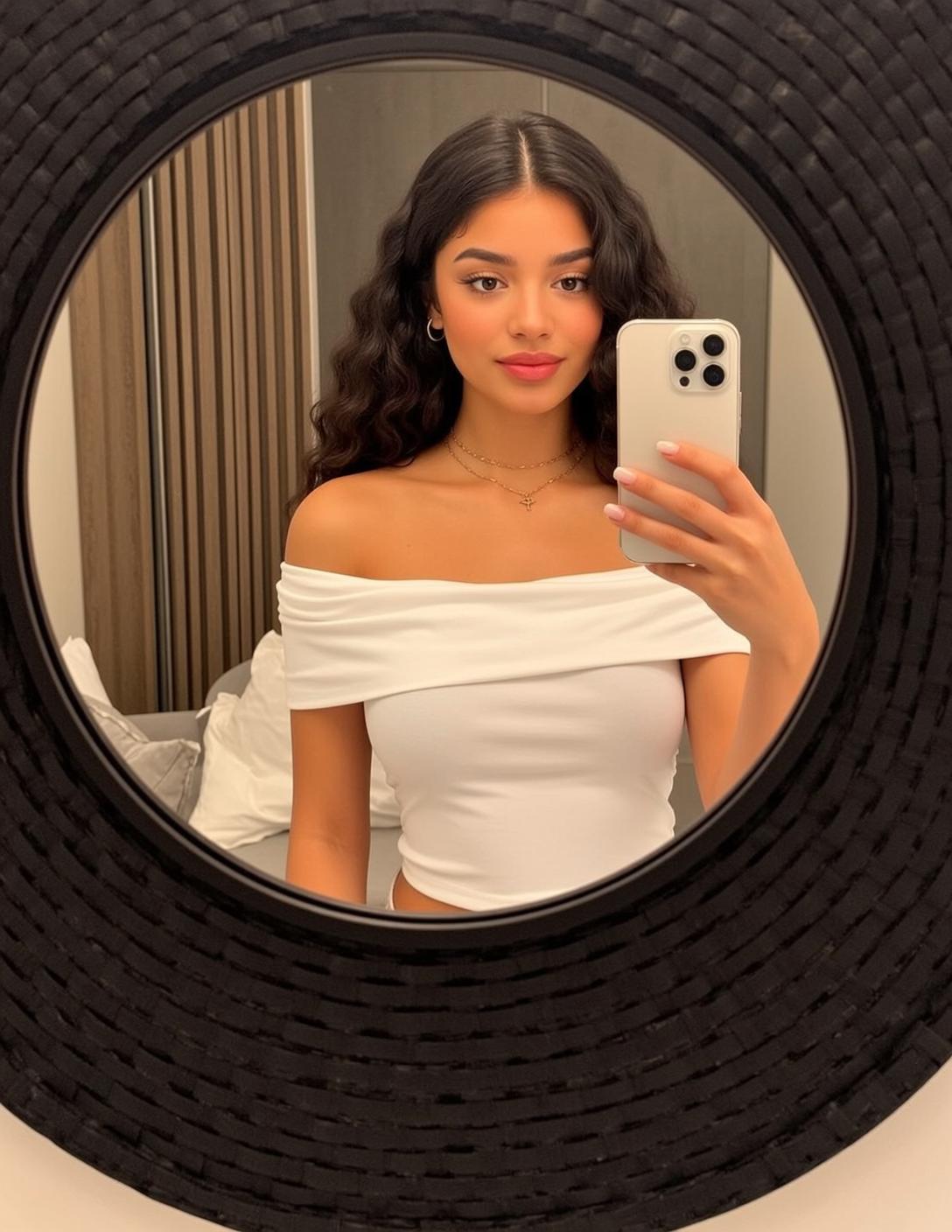 Explore Taking Mirror Selfie Holding White Smartphone