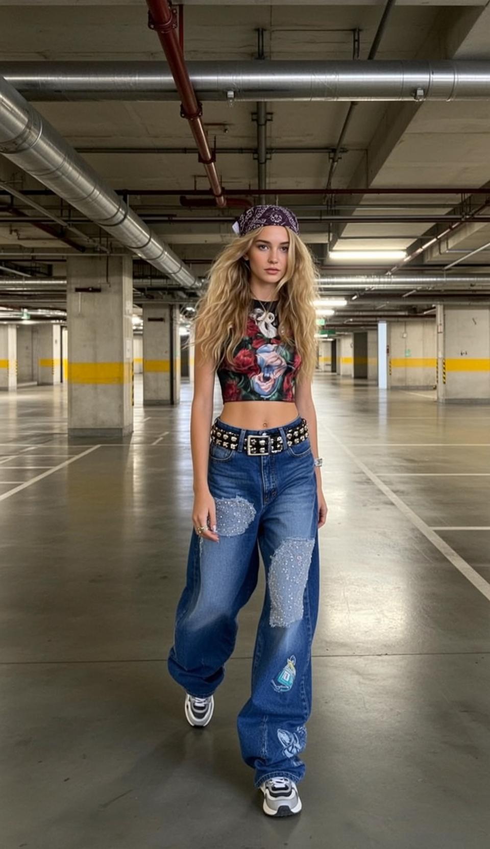 Walking In Parking Garage Floral Skull Crop Top