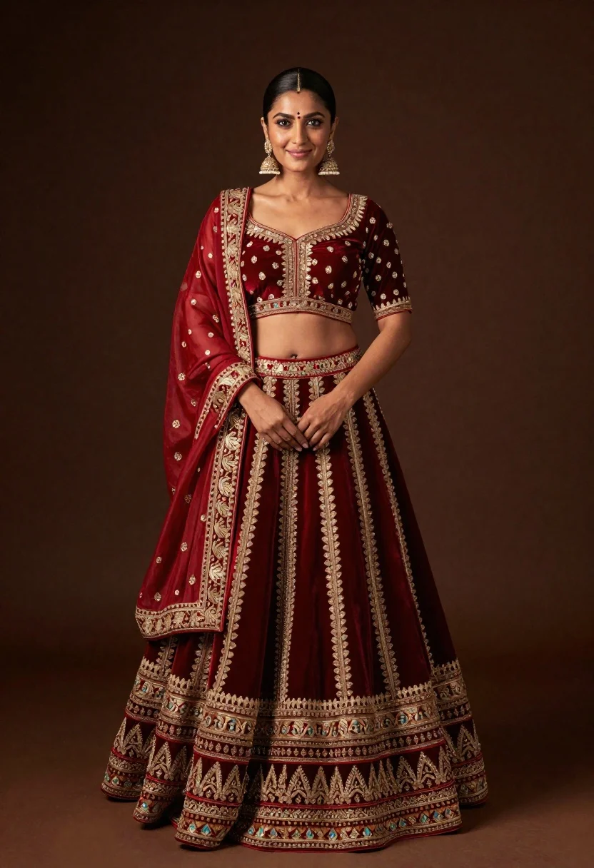 Woman Traditional Red And Gold Lehenga Choli Poses Against Dark reference photo