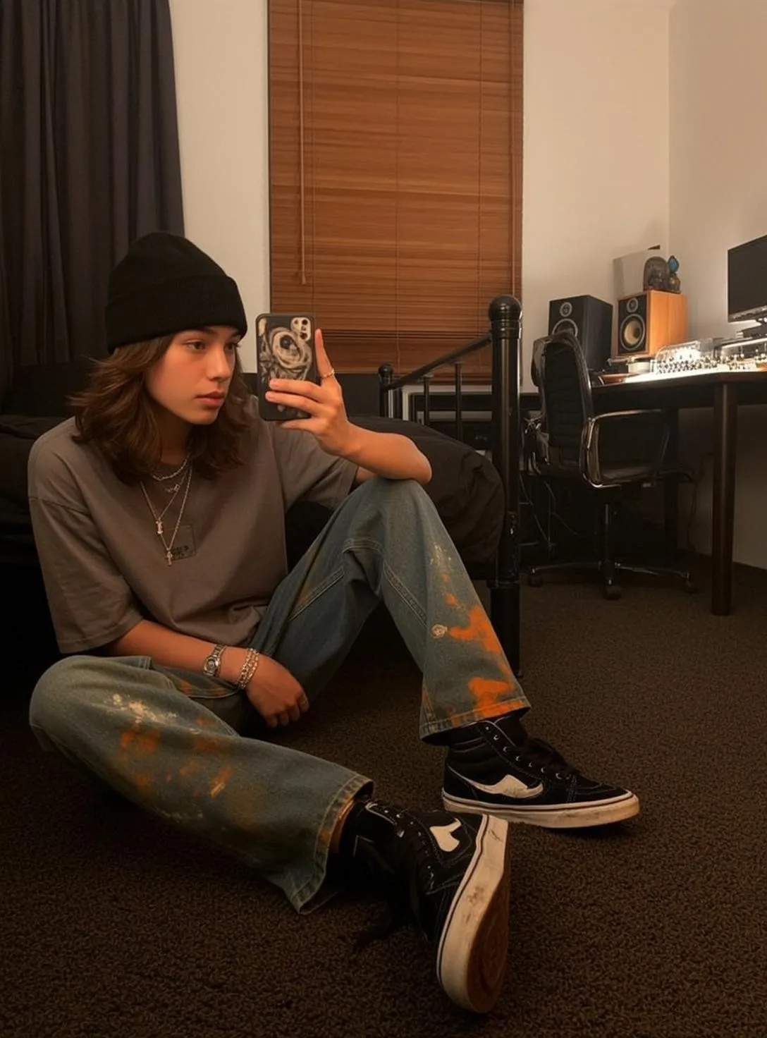 Teenager In Bedroom Taking Selfie Orange Paint Jeans