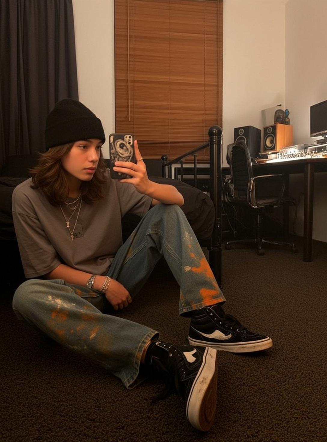 Teenager In Bedroom Taking Selfie Orange Paint Jeans