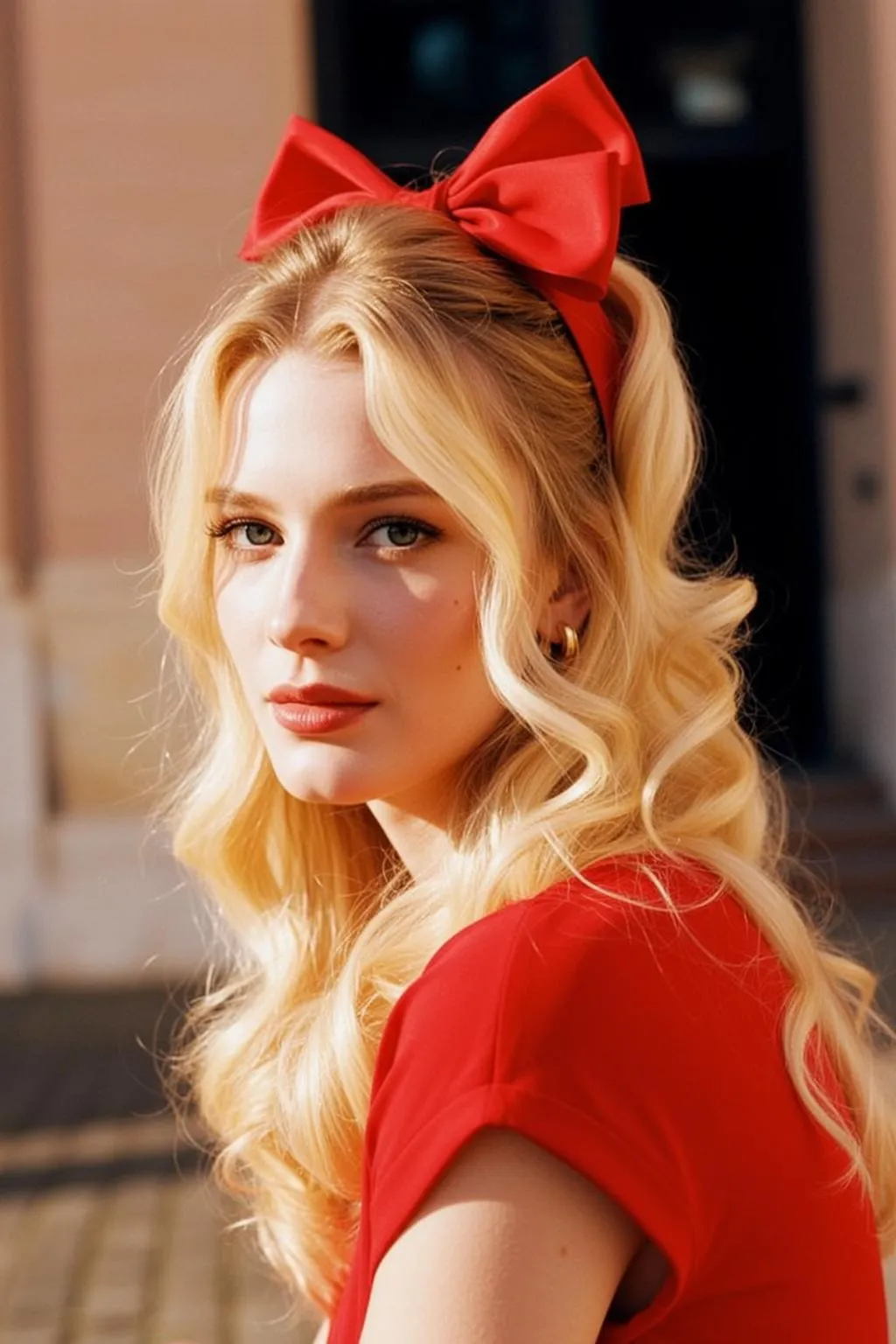 Blonde Woman Red Bow Headband Golden Hour