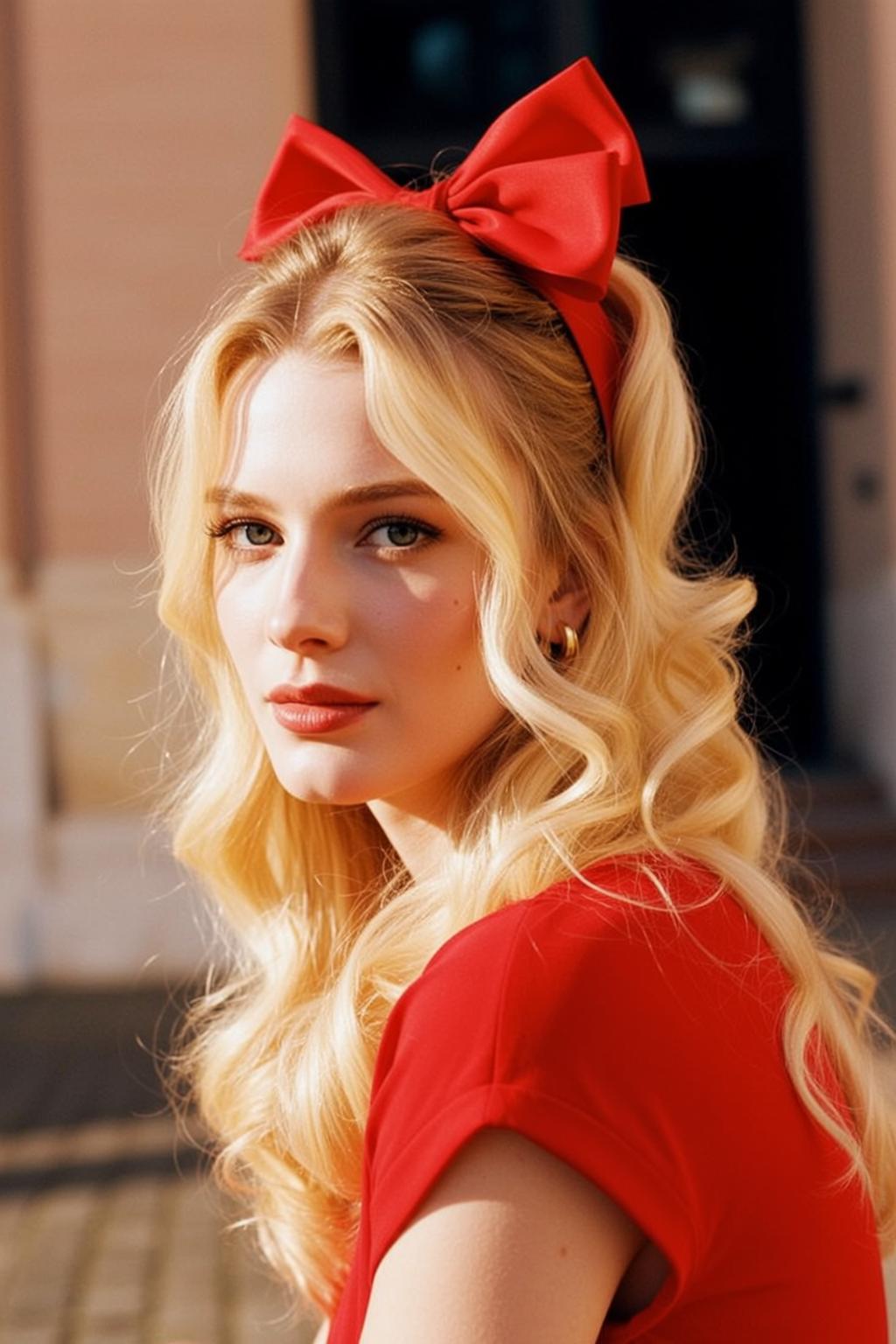 Blonde Woman Red Bow Headband Golden Hour