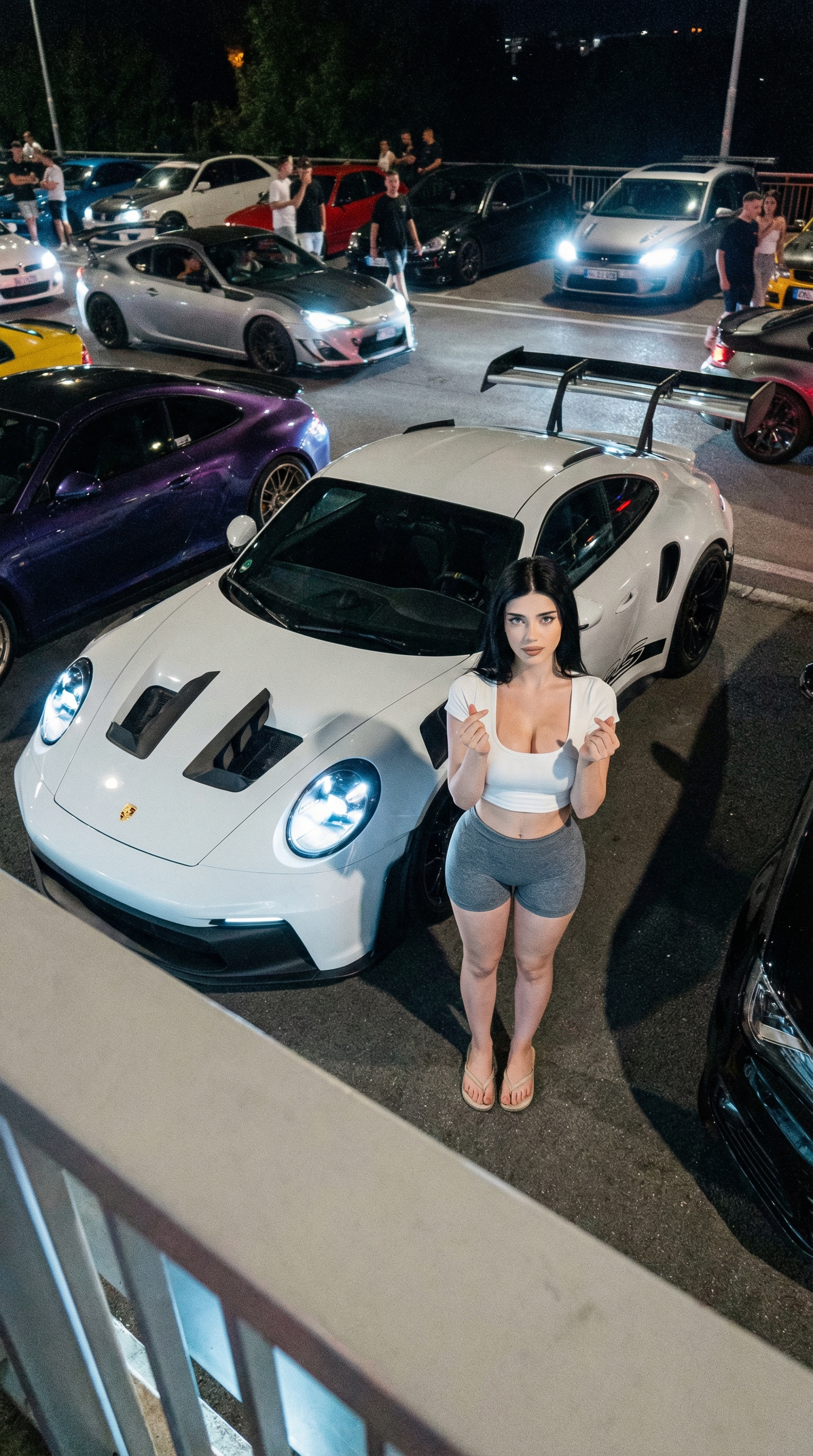Aerial view of a woman in a white crop top and gray shorts standing next to a white Porsche 911 GT3 RS at a night car meet.