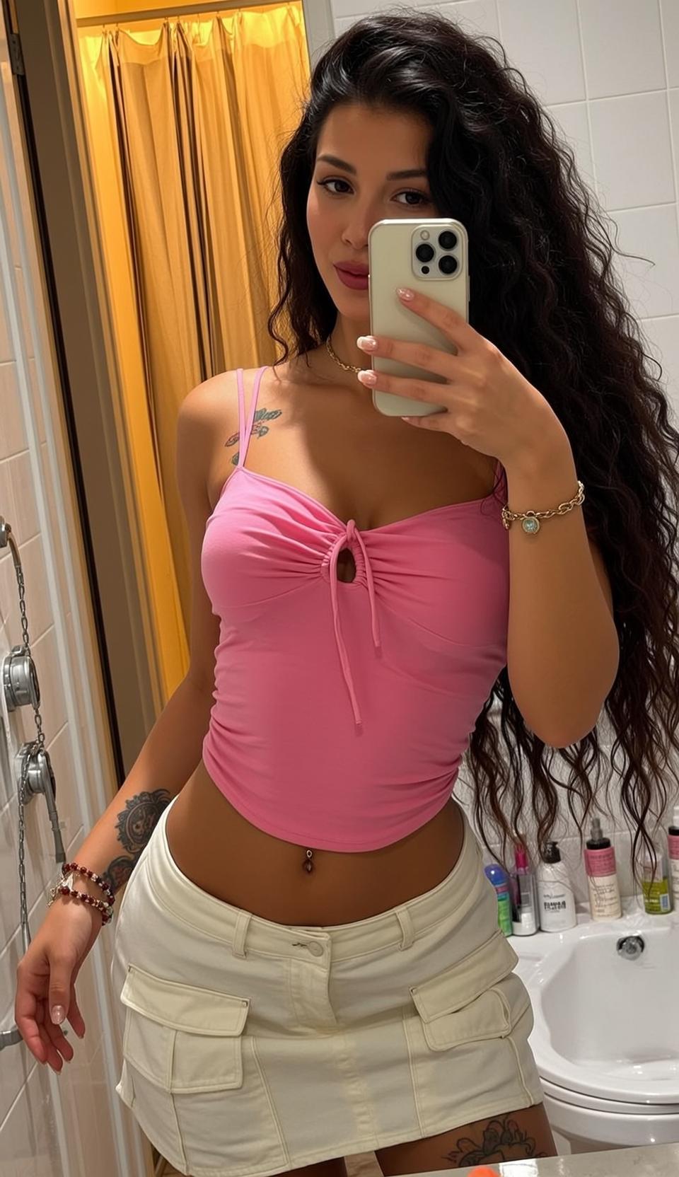 Pink Tank Cream Skirt Bathroom Selfie