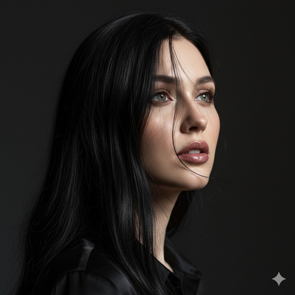 A close-up portrait of a woman with long black hair illuminated by light, showcasing her striking features and dramatic shadows.