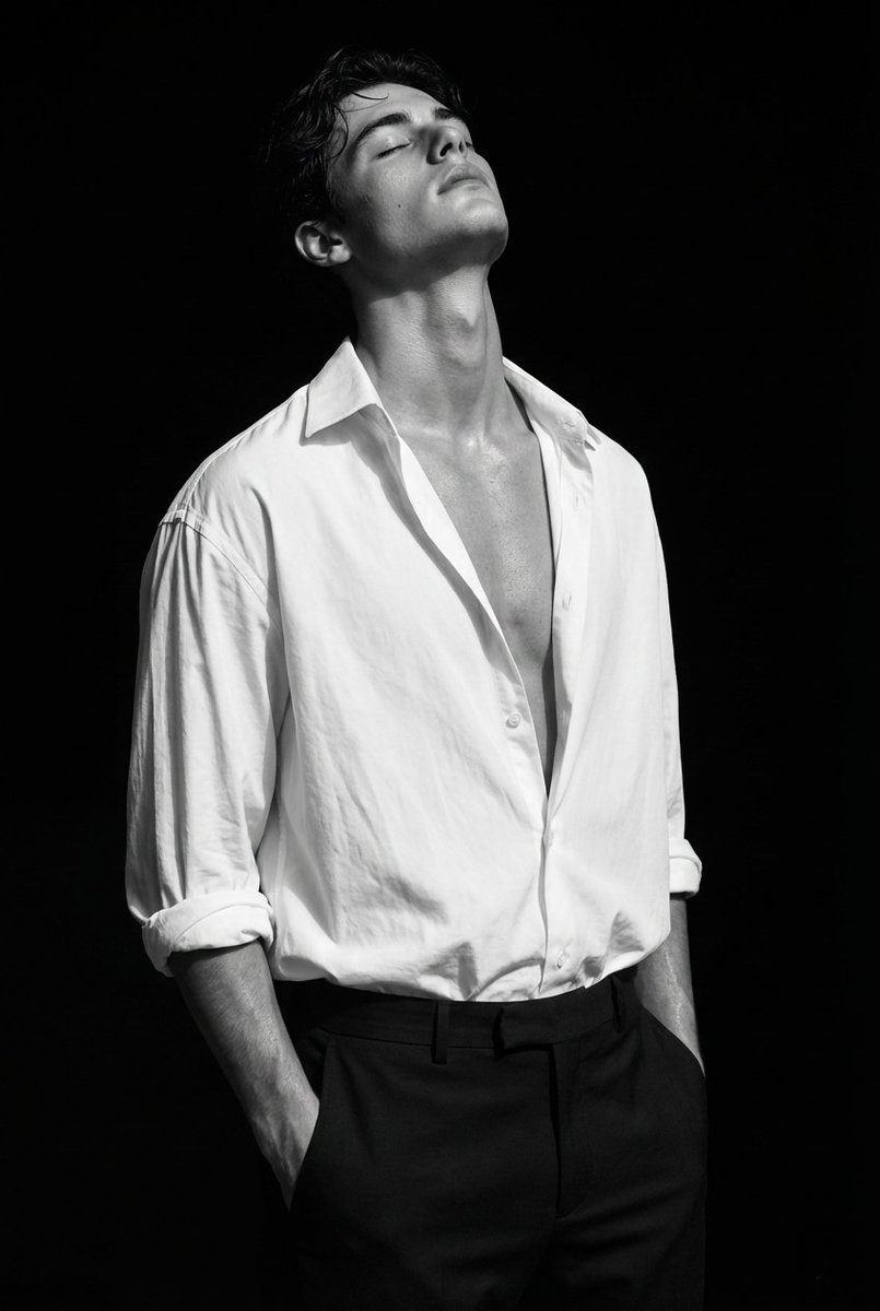Hyper-realistic portrait of a man in a minimalist studio with dramatic lighting, showcasing serene confidence and chic fashion.