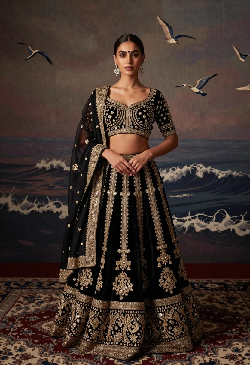 Full-length Portrait Woman Standing Confidently Ornate Black And Gold Lehenga reference photo