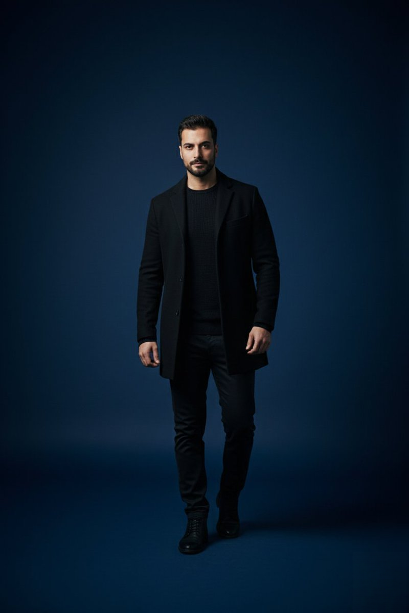 A stylish male model poses confidently in a dark blue studio, wearing a minimalist warm layer and clean fitted pants.