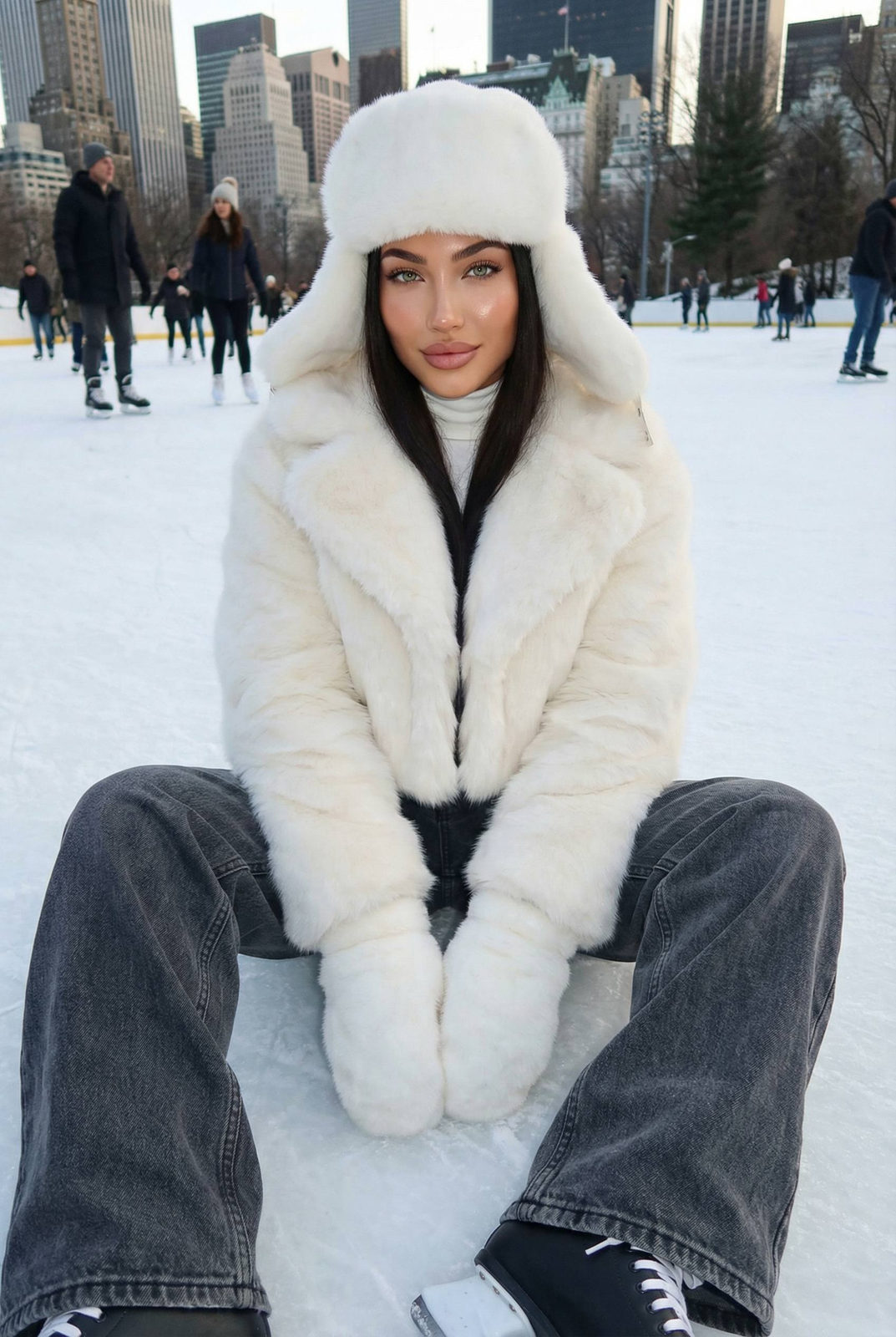 A woman in a plush faux fur coat and oversized ushanka sitting on an ice rink, relaxed with legs extended forward in skates.