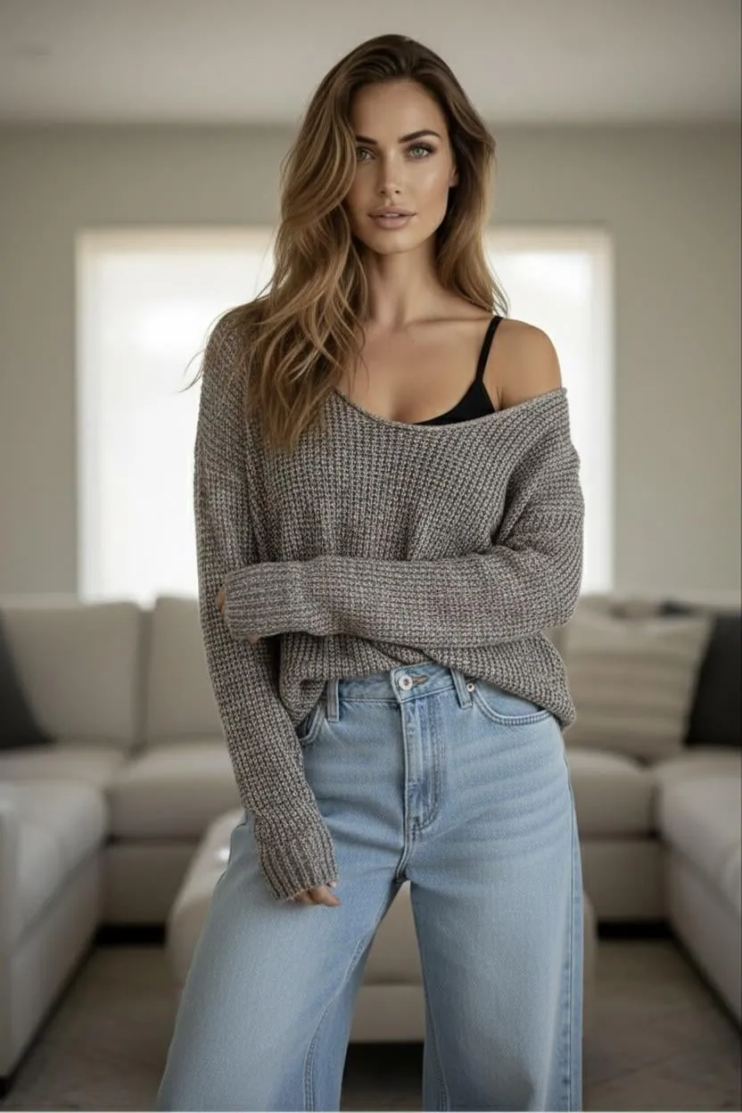 Grey Waffle Knit Sweater Off Shoulder Jeans Living Room