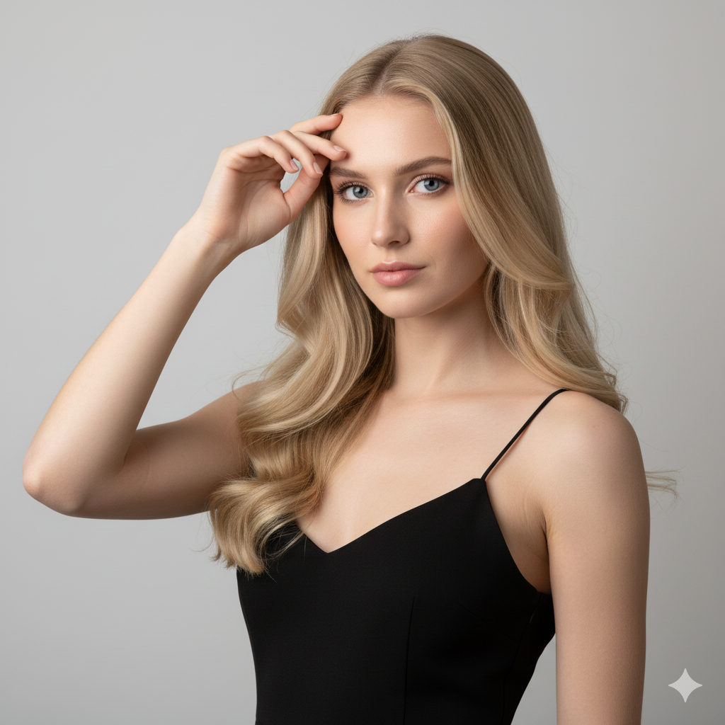 A portrait of a woman with long hair, calm expression, and natural makeup against a neutral background.