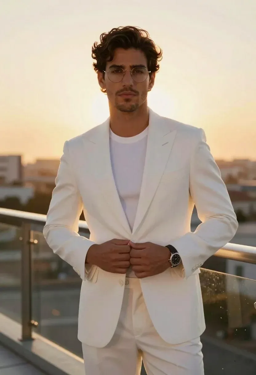 Handsome Man With Dark Wavy Hair Stands Confidently White Suit