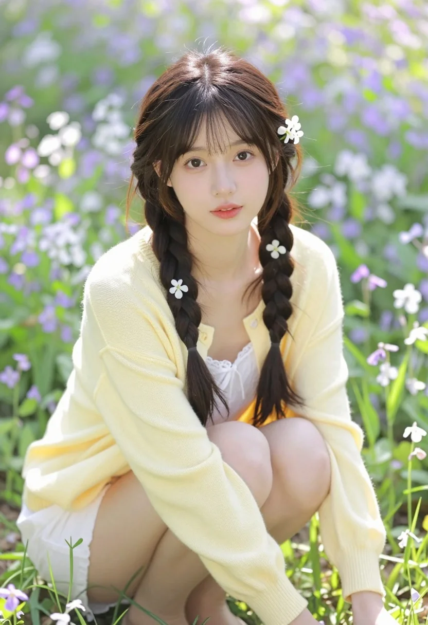 Young Woman With Dark Hair Styled Two Thick Braids Adorned
