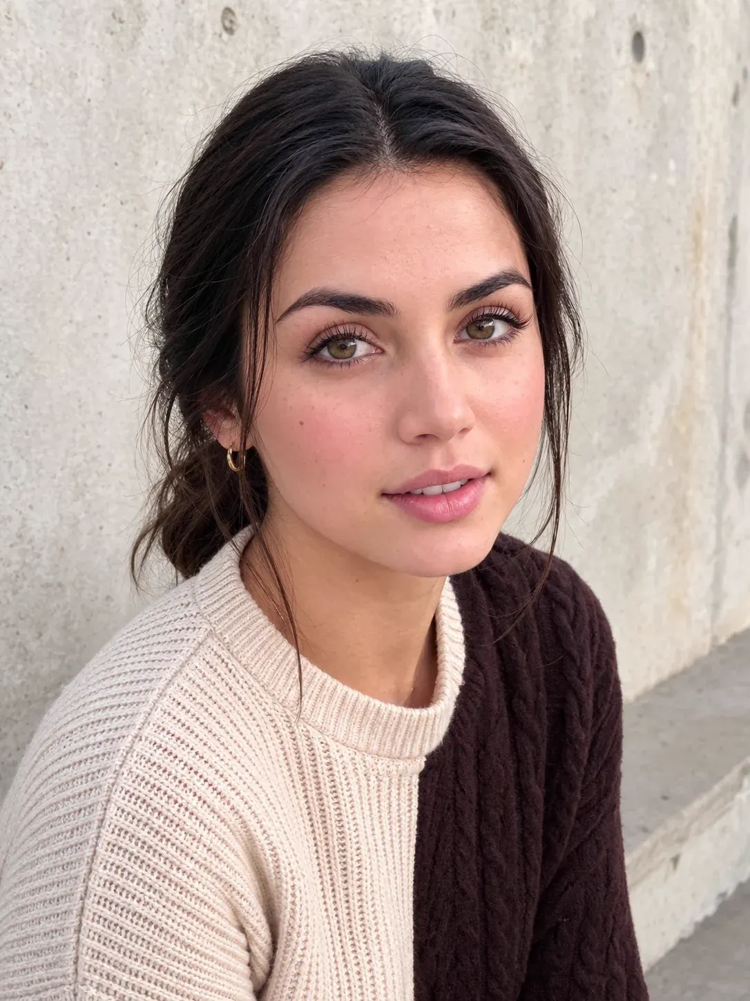 Cream And Brown Sweater With Gold Earrings
