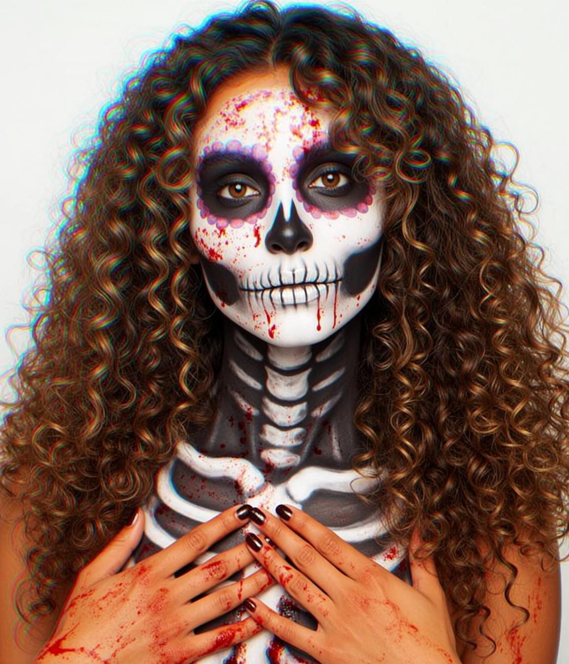 Halloween Makeup Skeleton Paint Long Curly Brown