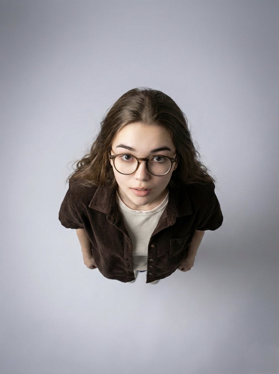 Top-down aerial view of a woman in a textured outfit against a soft gray gradient backdrop, looking curiously at the camera.