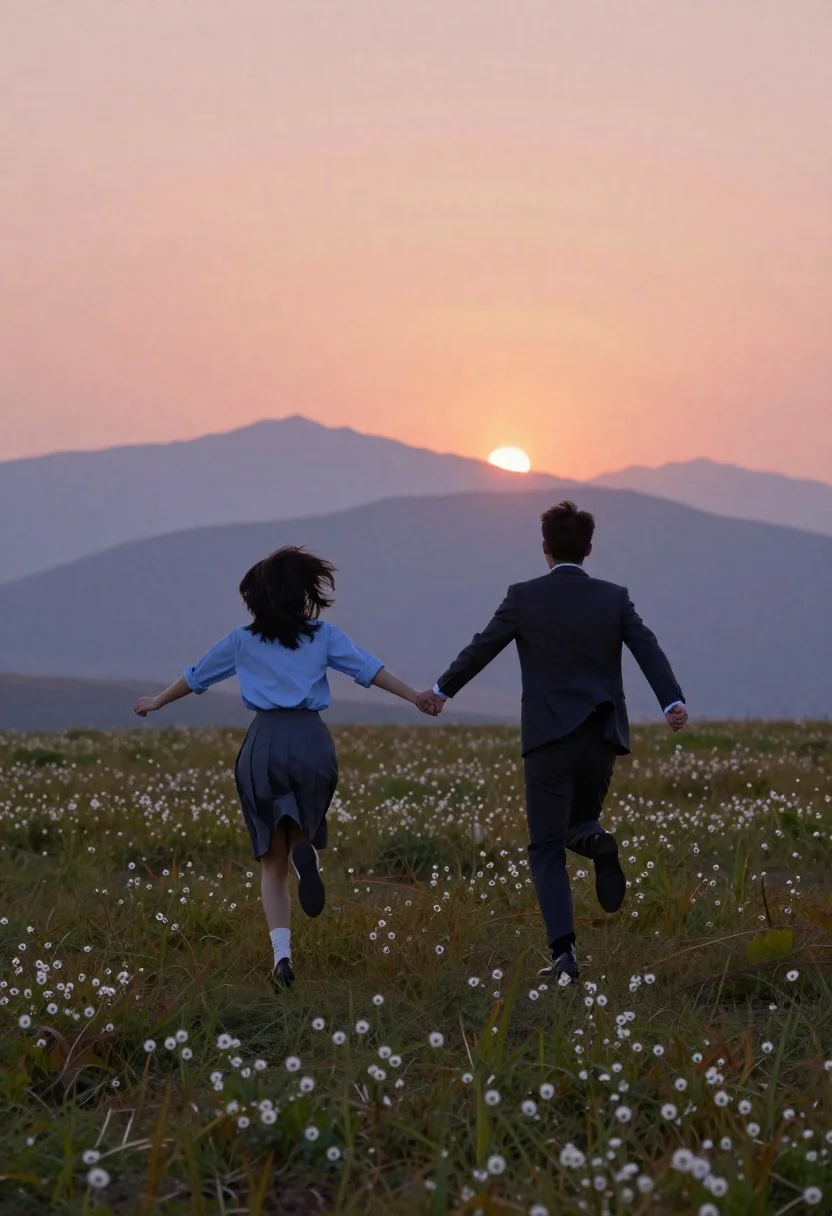 Photograph Couple Running Hand-in-hand Across Open Field Sunset Subject Woman reference photo