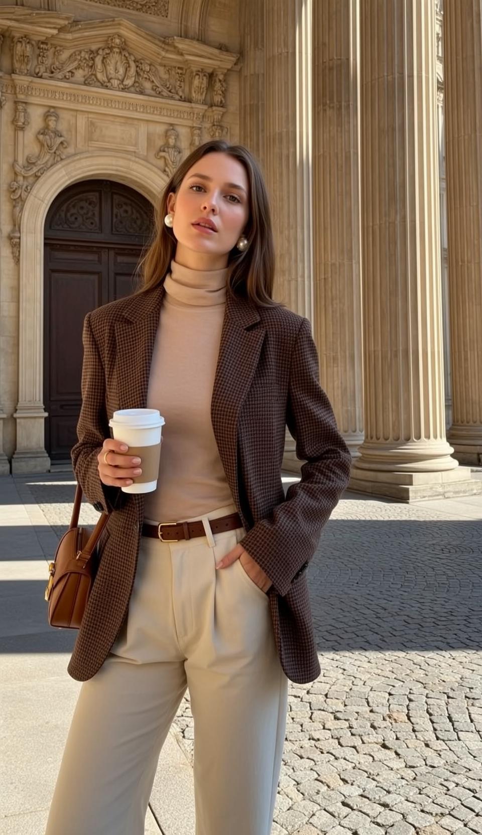 Beige Turtleneck Cream Trousers Houndstooth Blazer Coffee