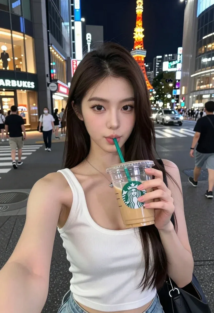 Young Woman With Long Dark Hair Takes Selfie While Sipping