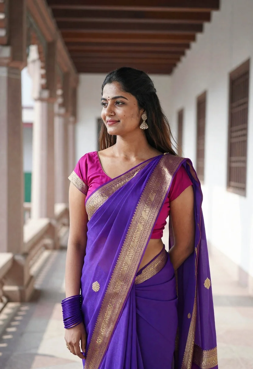 Woman Stands Profile Wearing Vibrant Purple Saree With Gold Embroidery reference photo