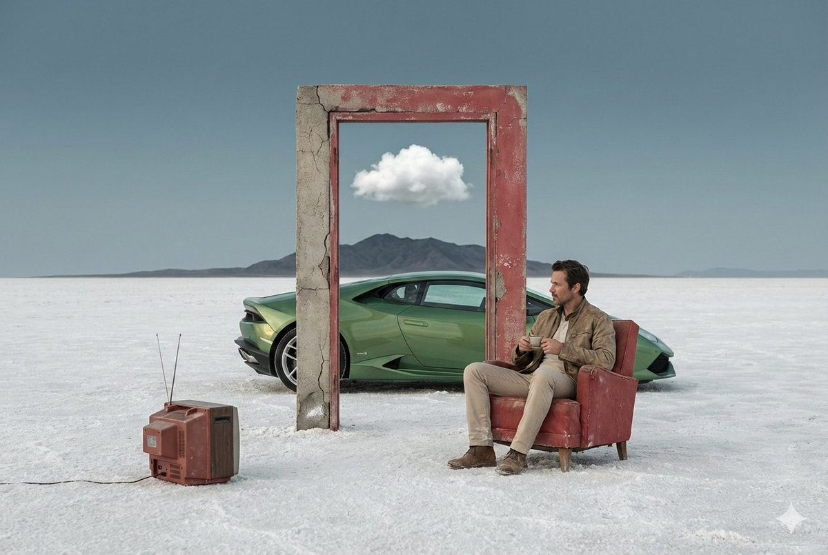 A calm, handsome man in a light brown jacket seated on a vintage armchair in a vast white salt flat with a muted blue-gray sky, holding a cup.