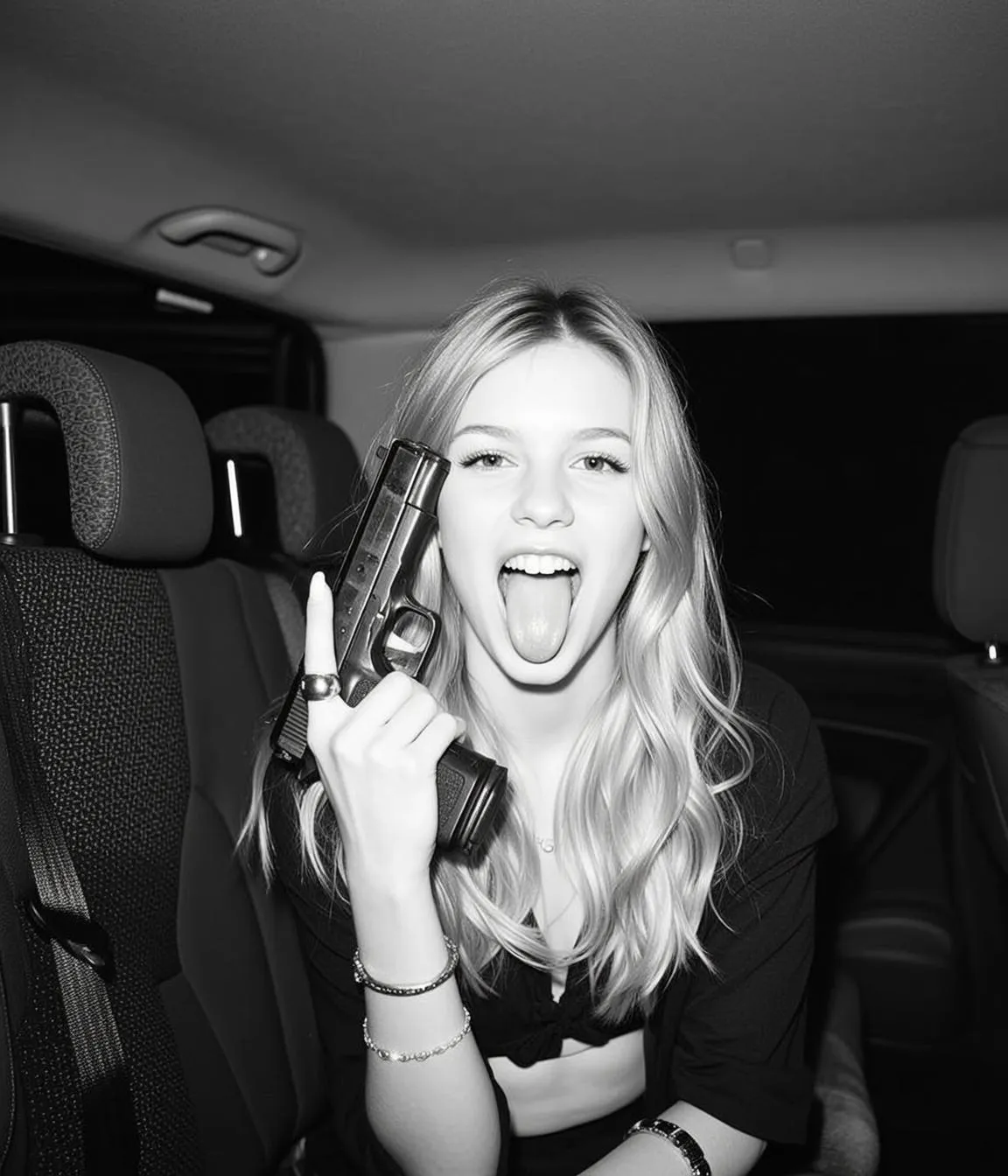 Explore Seated Back Car Holding Handgun Her
