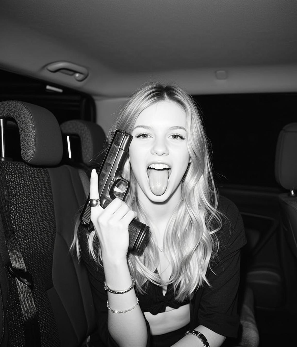 Explore Seated Back Car Holding Handgun Her