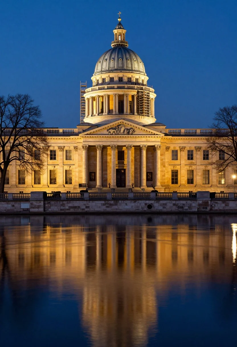 A majestic neoclassical building illuminated at twilight, featuring a prominent octagonal dome and scaffolding, reflecting in calm water.