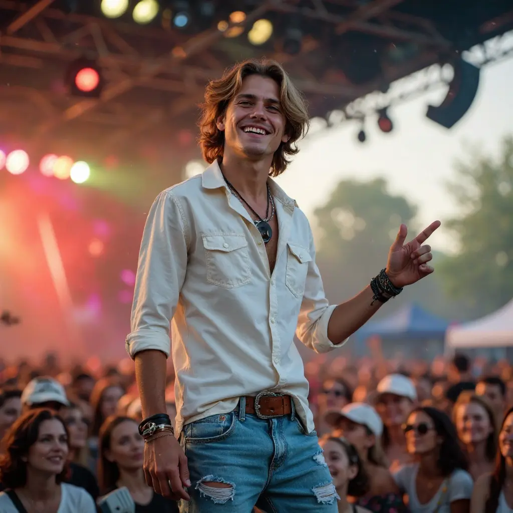 A charismatic young man with light bronze skin and wavy hair performing on stage at a lively music festival.