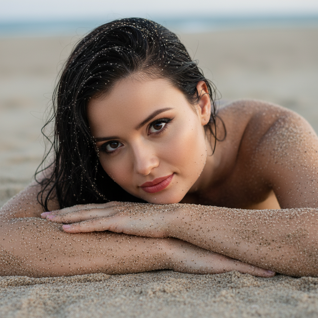 Close-up portrait of a woman lying on beach sand, serene expression, dark wet hair with grains of sand.