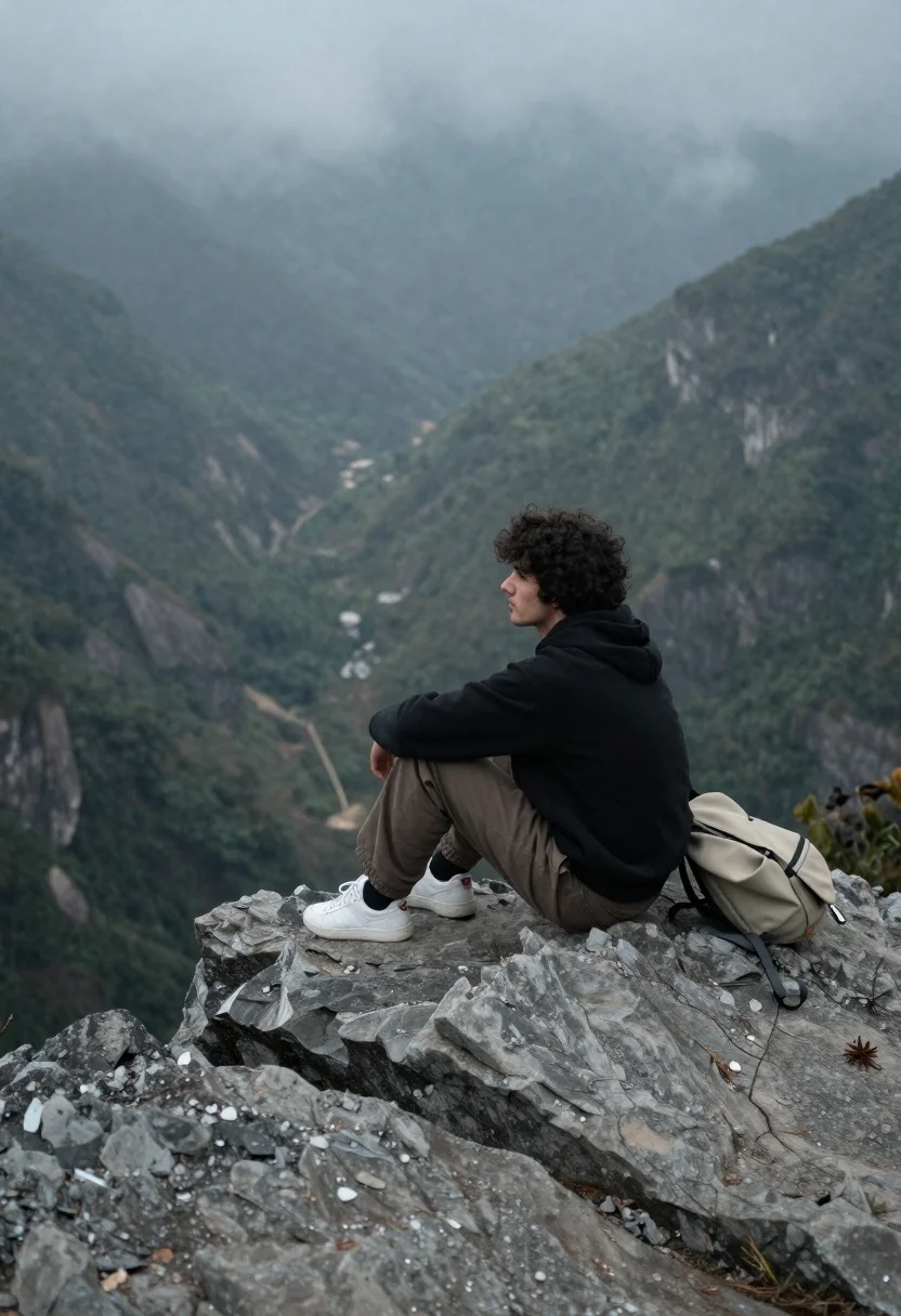 Young Man With Curly Dark Hair Sits Contemplatively Jagged Rocky
