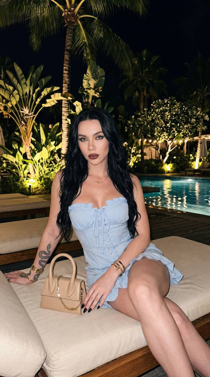 A woman with long wavy black hair in a light blue dress, seated poolside at night illuminating tropical foliage.