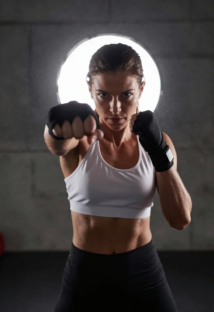 Muscular Woman White Sports Bra And Black Leggings Throws Punch reference photo
