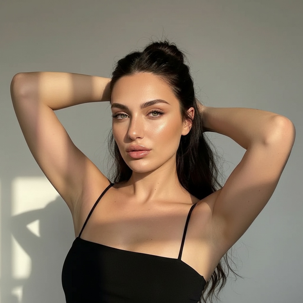 Ava in a confident sensual pose with arms behind head, dramatic window light casting shadows on her face, enhancing her natural features.