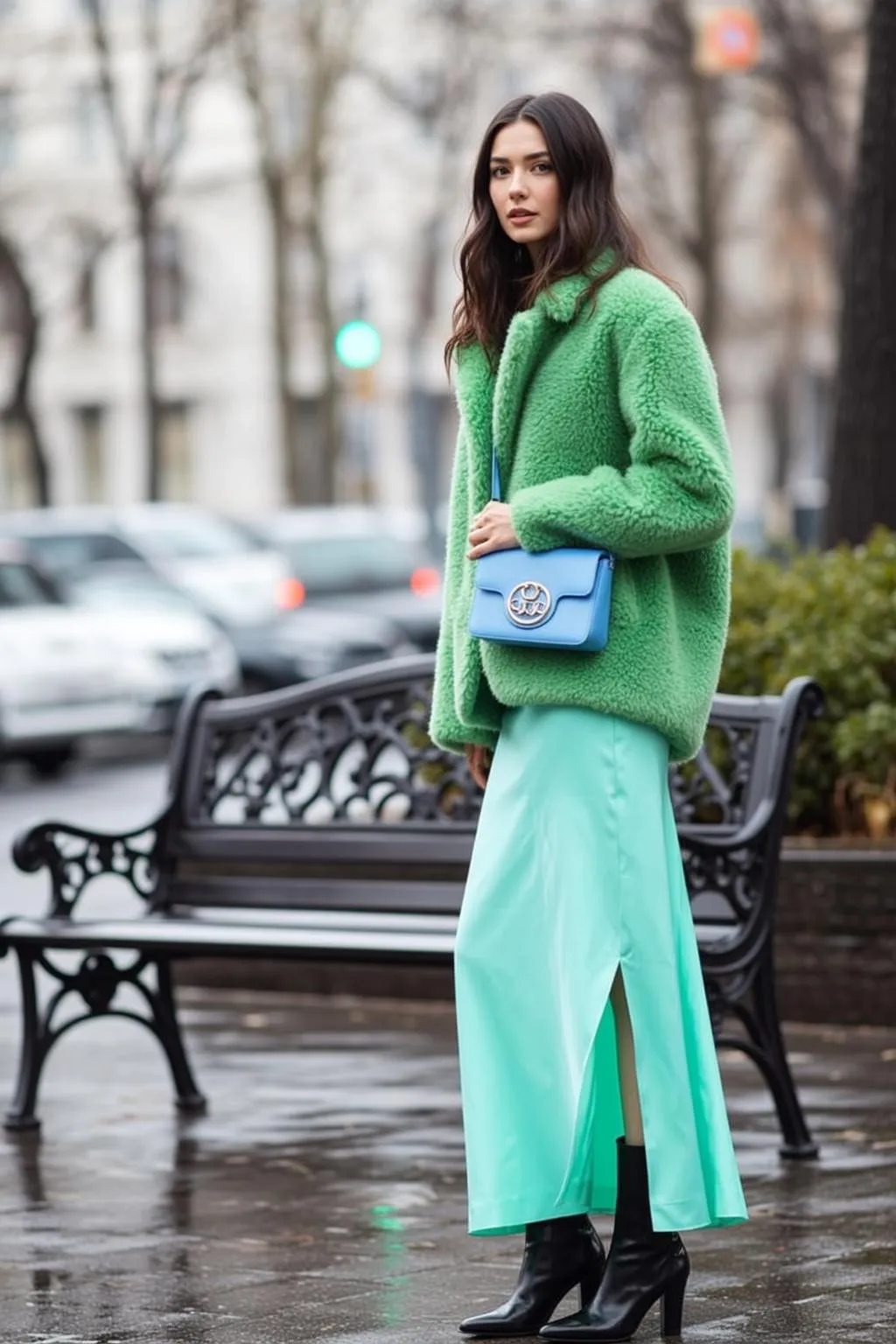 Green Fluffy Jacket Mint Satin Skirt City Street
