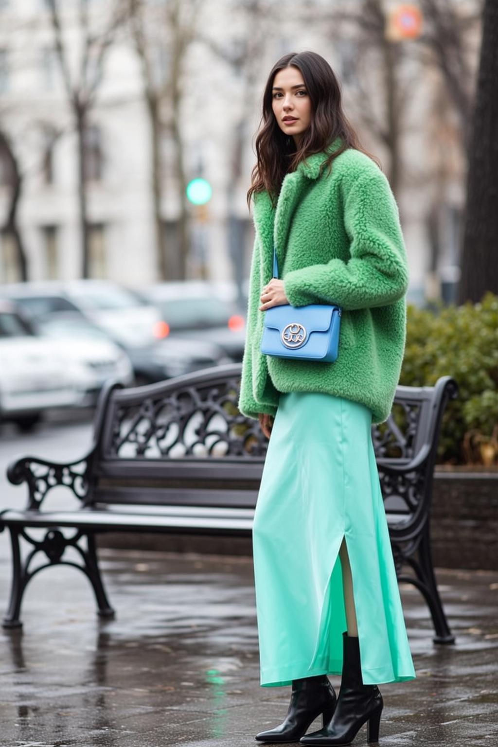 Green Fluffy Jacket Mint Satin Skirt City Street