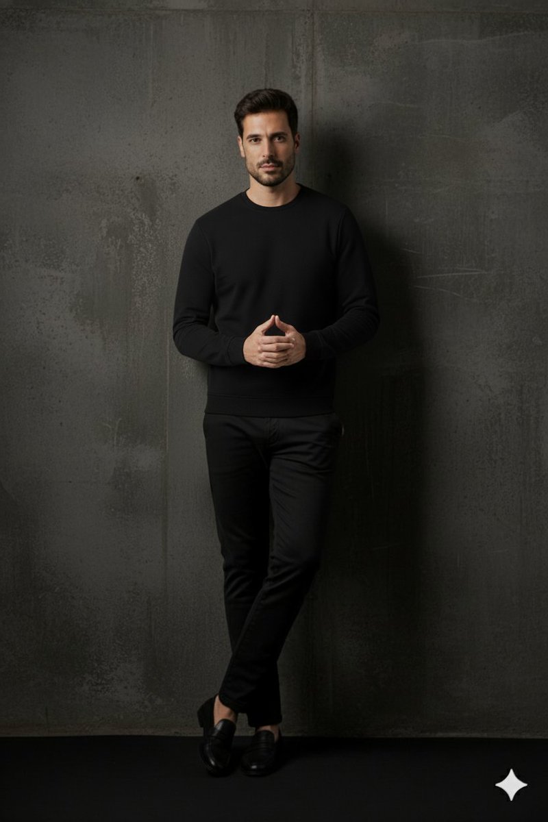 A man in a black sweatshirt and trousers poses elegantly in a professional studio with a clean white backdrop.