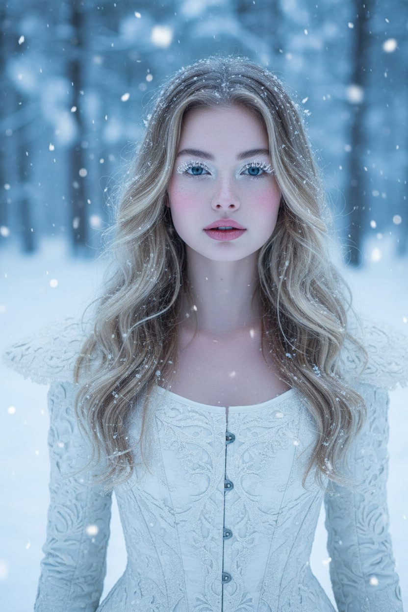 A realistic winter portrait featuring a person in a white corset standing in a snowy forest, with soft snowflakes falling around them.